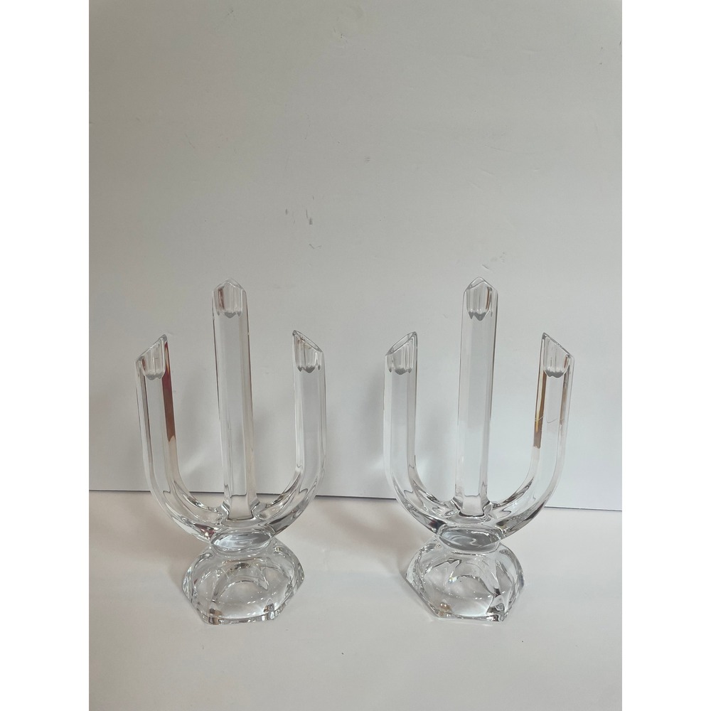 Pair Marc Aurel Nachtmann Crystal Tri Candelabra Glass Candlestick German